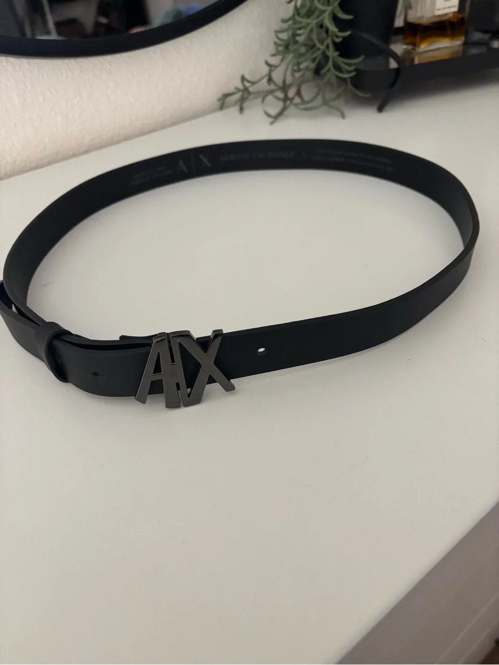 Armani Exchange Black Belt with Gunmetal AX Logo Buckle